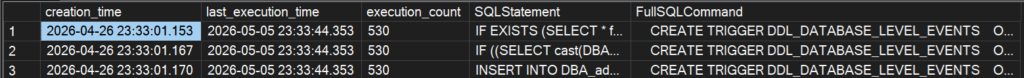 Output of sys.dm_exec_query_stats showing the timestamps of most recently created and executed query plans